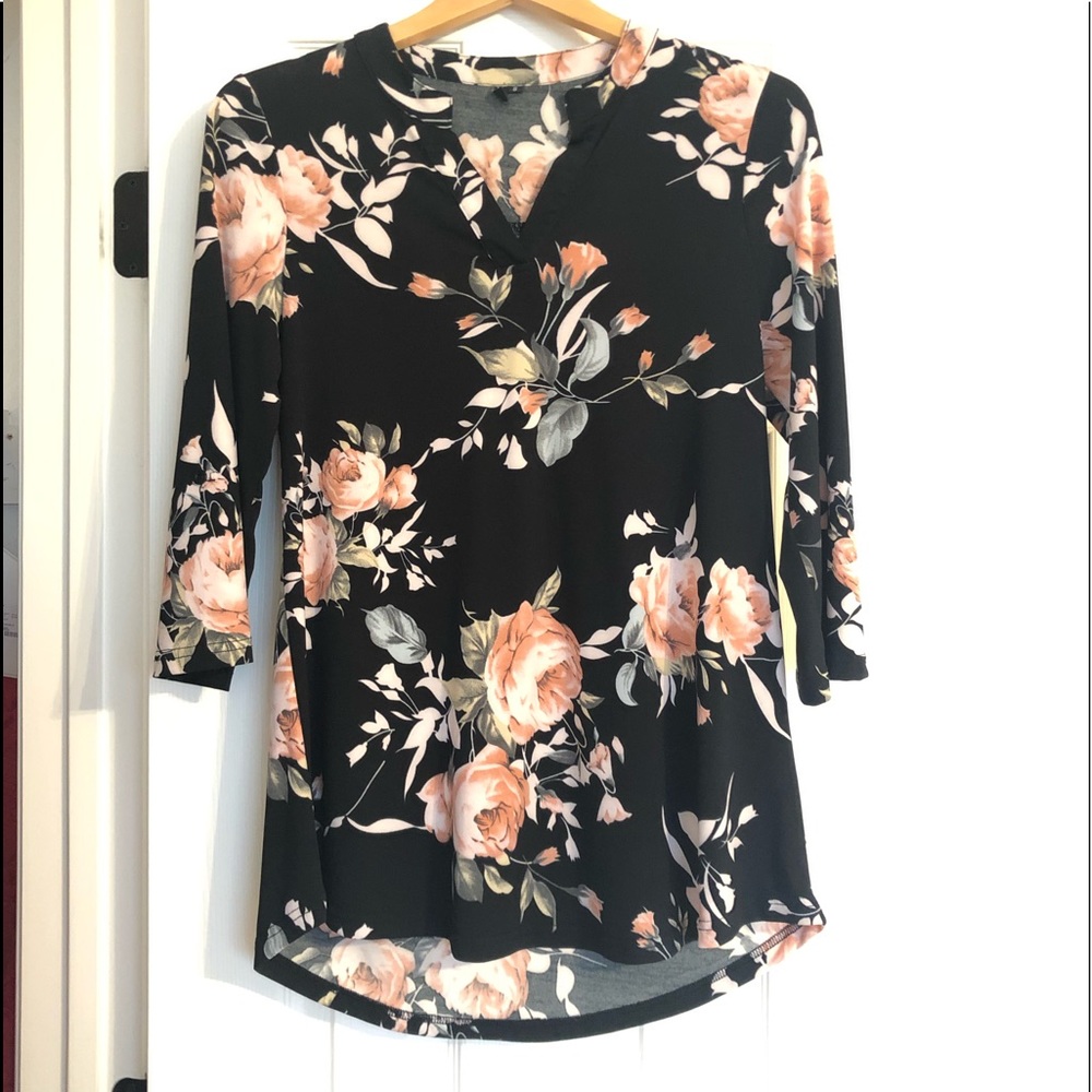 Floral Printed Tunic Shirts 3/4 Roll Sleeve Top